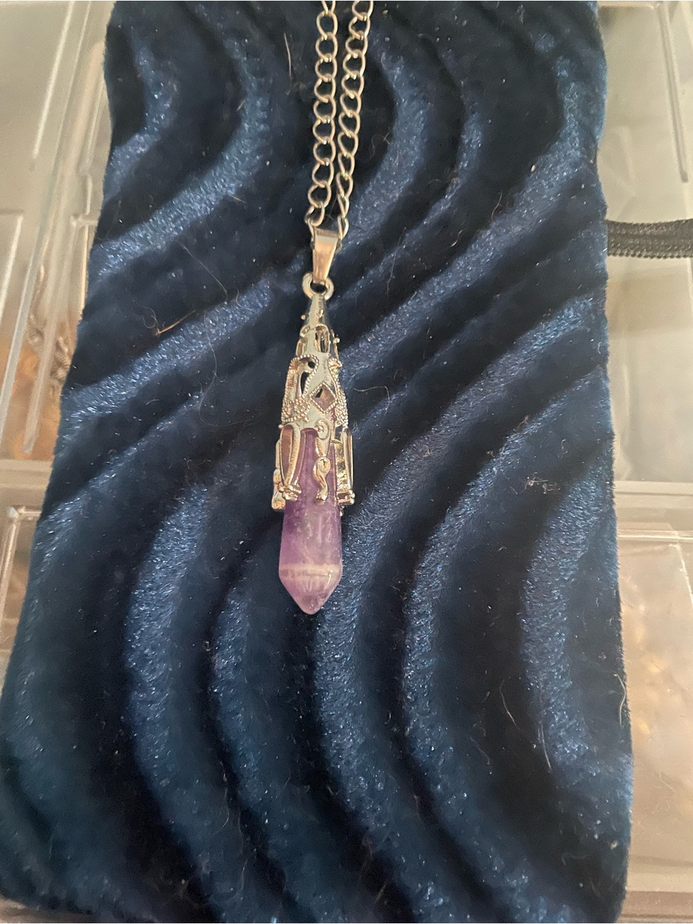 Amethyst Point Pendant Necklace with Silver-Tone Filigree Cap